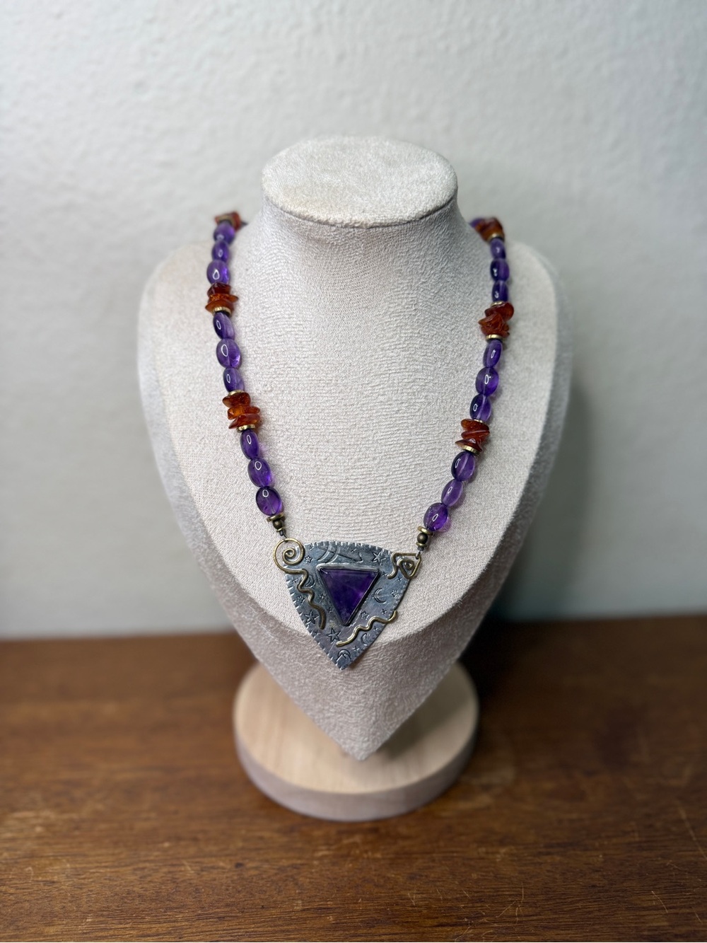 Handcrafted Amethyst and Amber Beaded Necklace with Silver Tone Amethyst Pendant